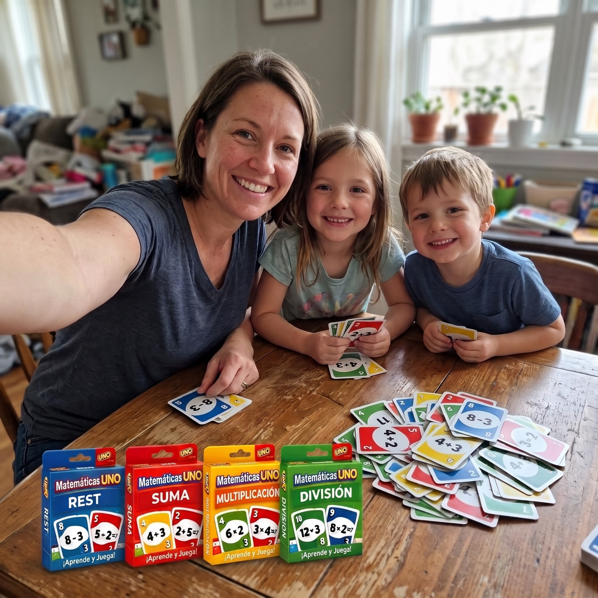Madre e hijos jugando con las cartas de matemáticas en casa